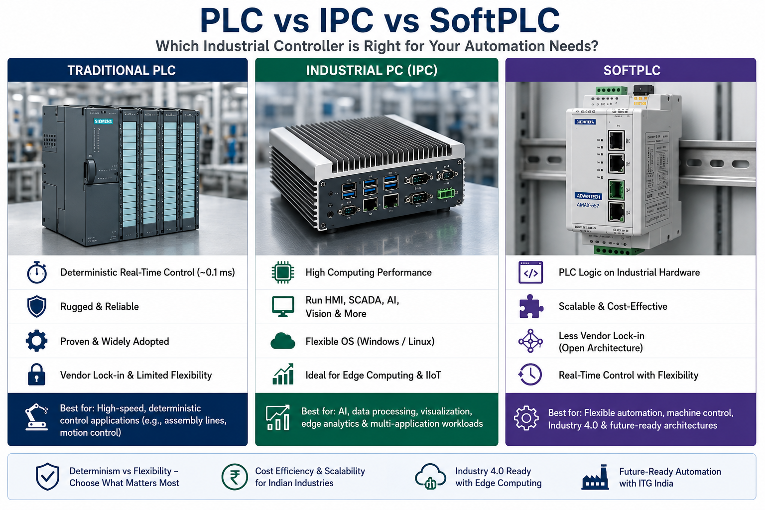 PLC vs IPC vs SoftPLC comparison for industrial automation and edge computing